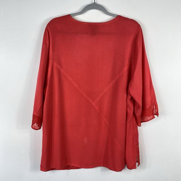 Catherines Size 1X Beaded Embroidered 3/4 Sleeve V-Neck Blouse Top Coral - Picture 2 of 4